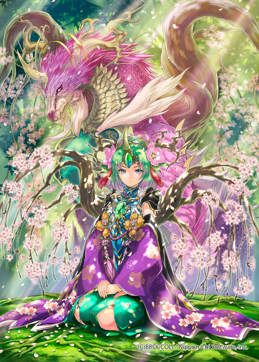 1girl branch character_request dragon flower green_hair hands_together highres hori_airi horns looking_at_viewer outdoors pink_eyes pink_flower seiza single_horn sitting solo tassel white_flower z/x