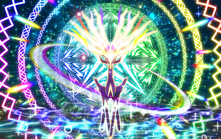 absurdres colorful commentary commentary_request gen_6_pokemon glowing glowing_eyes highres huge_filesize legendary_pokemon looking_at_viewer multicolored multicolored_background no_humans pokemon pokemon_(creature) sparkle sparkle_background sparkling_eyes tagme xerneas yama_neko_3