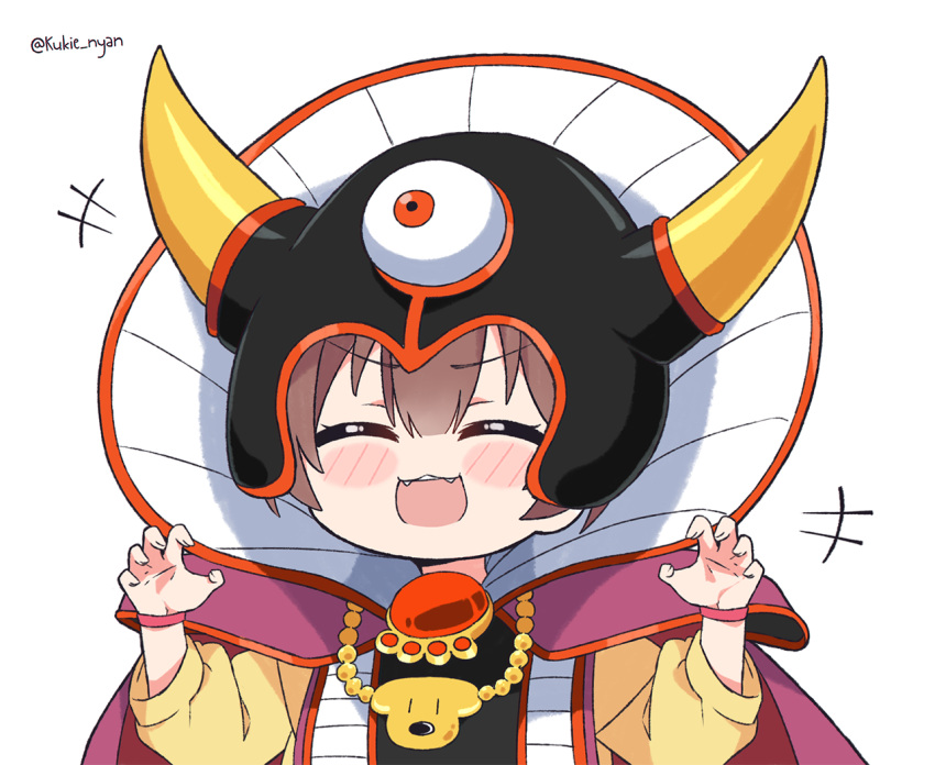 +++ 1girl :d arms_up blush_stickers brown_hair cape claw_pose closed_eyes cosplay dragon_quest dragon_quest_iii eyebrows_visible_through_hair fangs hair_between_eyes helmet hololive horned_helmet hoso-inu inugami_korone jewelry kukie-nyan long_sleeves necklace open_mouth shirt short_hair simple_background smile solo twitter_username upper_body white_background wristband yellow_shirt zoma zoma_(cosplay)