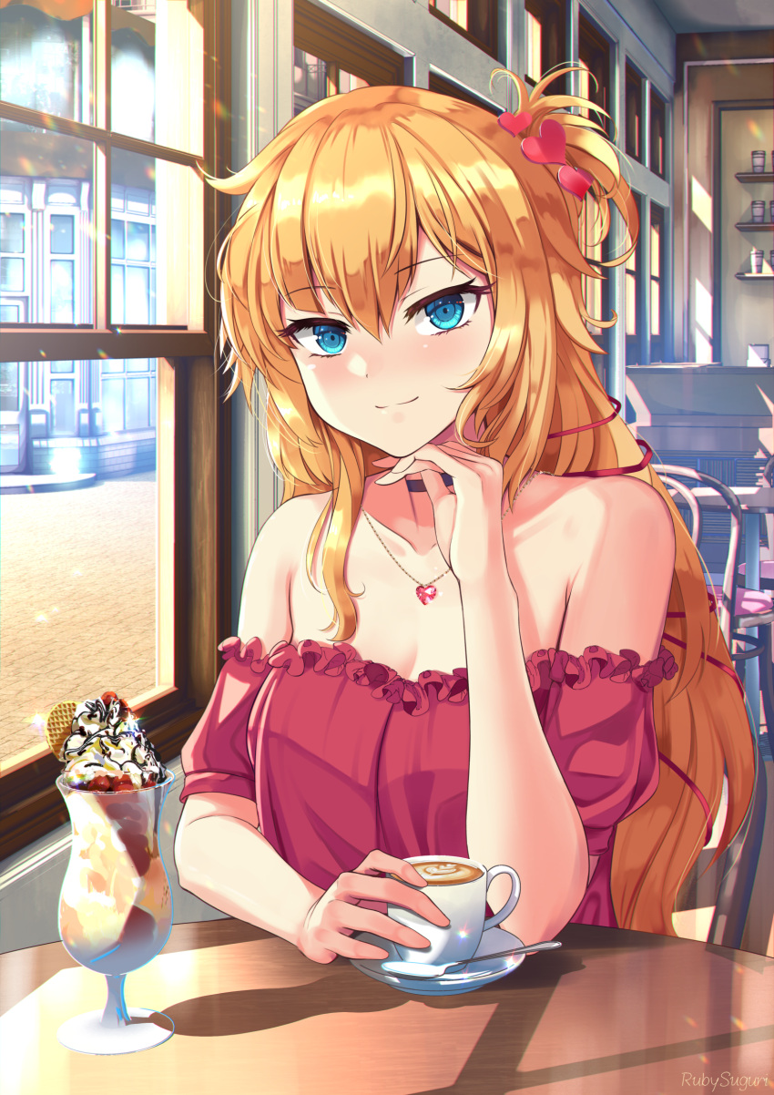 akai_haato aqua_eyes bangs bare_shoulders blonde_hair blush cafe choker coffee cup food hair_between_eyes hair_ornament hairclip highres hololive ice_cream indoors jewelry light_smile long_hair looking_at_viewer off-shoulder_shirt off_shoulder pendant plate ruby_suguri shirt signature sitting solo spoon sunlight sweets teacup upper_body virtual_youtuber