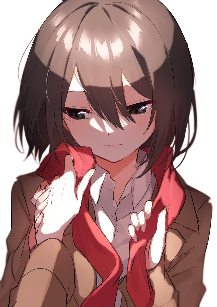 1girl :| absurdres adjusting_another's_clothes bangs black_eyes black_hair blush bob_cut brown_jacket closed_mouth dress_shirt eyebrows_visible_through_hair hair_between_eyes hair_strand highres hinakano_h holding_hands jacket long_bangs long_sleeves looking_away looking_down mikasa_ackerman pov pov_hands red_neckwear red_scarf scarf shaded_face shingeki_no_kyojin shirt short_hair simple_background solo_focus tearing_up upper_body white_background white_shirt