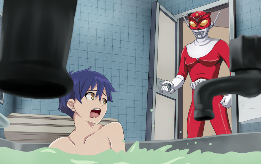 2boys asanaka_yomogi bath bathing bathroom bathtub blue_hair blurry blurry_foreground commentary_request crossover door faucet multiple_boys open_mouth opening_door parody partially_submerged redman redman_(character) short_hair ssss.dynazenon tk8d32 tokusatsu water yellow_eyes