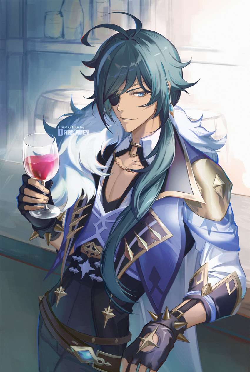 1boy alcohol antenna_hair bangs black_gloves blue_eyes blue_hair cup dark_skin dark_skinned_male darkavey drinking_glass eyepatch fingerless_gloves genshin_impact gloves highres holding holding_cup jacket jewelry kaeya_(genshin_impact) long_hair male_focus multicolored_hair parted_lips ponytail signature single_earring solo spikes streaked_hair wine wine_glass