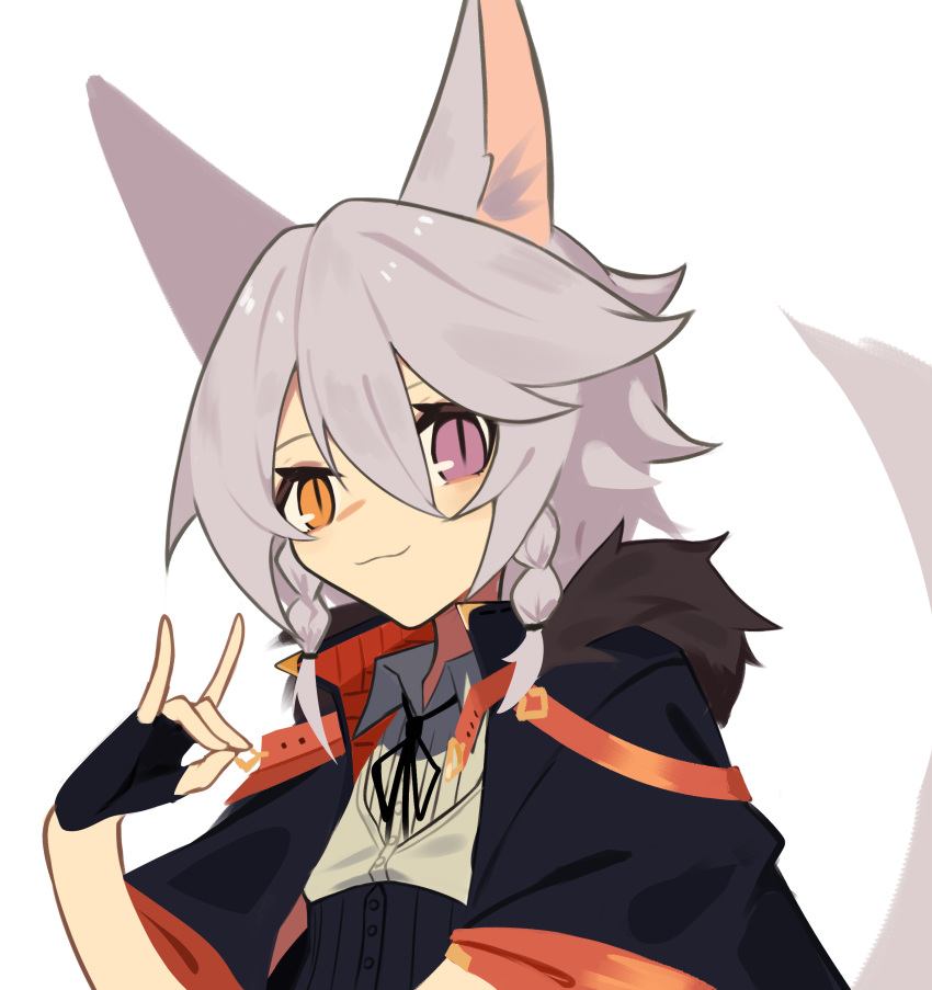 1girl absurdres animal_ear_fluff animal_ears bangs black_cape black_gloves borrowed_character braid cape collared_shirt fingerless_gloves flat_chest fox_shadow_puppet ghost_(tama) gloves hair_between_eyes heterochromia highres orange_eyes original shirt short_hair silver_hair smile solo tail twin_braids violet_eyes wolf_ears wolf_girl wolf_tail