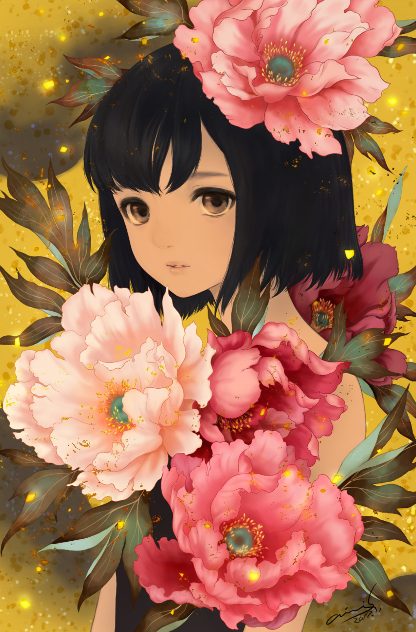 1girl bangs black_hair brown_eyes flower highres hori_airi leaf looking_at_viewer original parted_lips pink_flower plant purple_flower short_hair signature solo upper_body white_flower