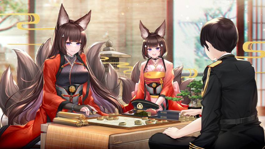 1boy 2girls :d amagi_(azur_lane) animal_ears azur_lane bangs black_gloves black_hair blunt_bangs blurry board_game choker commander_(azur_lane) commentary_request depth_of_field explosive eyebrows_visible_through_hair eyeshadow fingerless_gloves fox_ears fox_girl fox_tail gloves hair_ornament hat hat_removed headwear_removed highres japanese_clothes kimono kyuubi long_hair looking_at_viewer makeup mine_(weapon) mother_and_daughter multiple_girls multiple_tails naval_mine obi open_mouth original peaked_cap sash short_hair shougi sidelocks smile stardust_(chen'ai_weiding) tail thick_eyebrows violet_eyes wide_sleeves