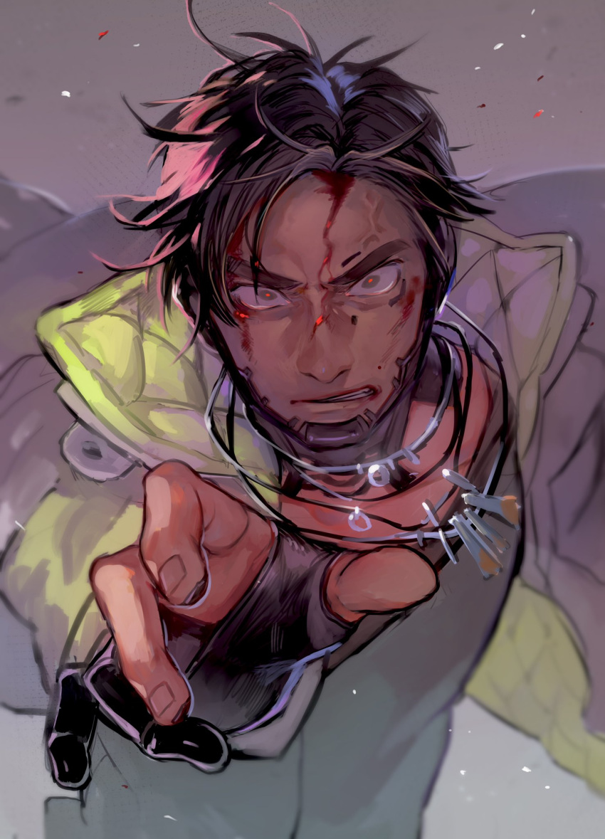 1boy apex_legends black_eyes black_gloves black_hair black_shirt blood blood_on_face clenched_teeth crypto_(apex_legends) floating_clothes floating_hair gloves grey_background grey_jacket highres jacket jewelry kawaniwa male_focus necklace partially_fingerless_gloves red_pupils shirt solo teeth veins