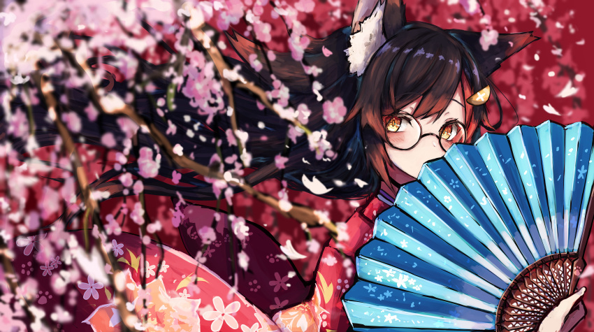 1girl absurdres animal_ear_fluff animal_ears bangs bespectacled black_hair cherry_blossoms fan fan_over_face flipped_hair folding_fan from_above glasses highlights highres hololive huge_filesize inre_kemomimi japanese_clothes kimono long_hair looking_at_viewer multicolored_hair ookami_mio print_kimono red_kimono redhead round_eyewear solo swept_bangs upper_body very_long_hair virtual_youtuber wolf_ears yellow_eyes