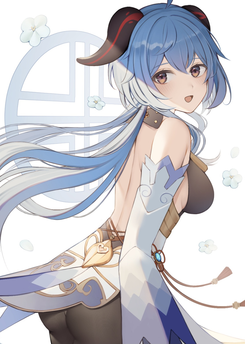 1girl :d ahoge ass back backless_outfit bare_shoulders bell blue_hair blush bow breasts cowbell detached_sleeves flower from_side ganyu_(genshin_impact) genshin_impact hair_bow highres horns long_hair long_sleeves medium_breasts nerua open_mouth sideboob smile solo violet_eyes