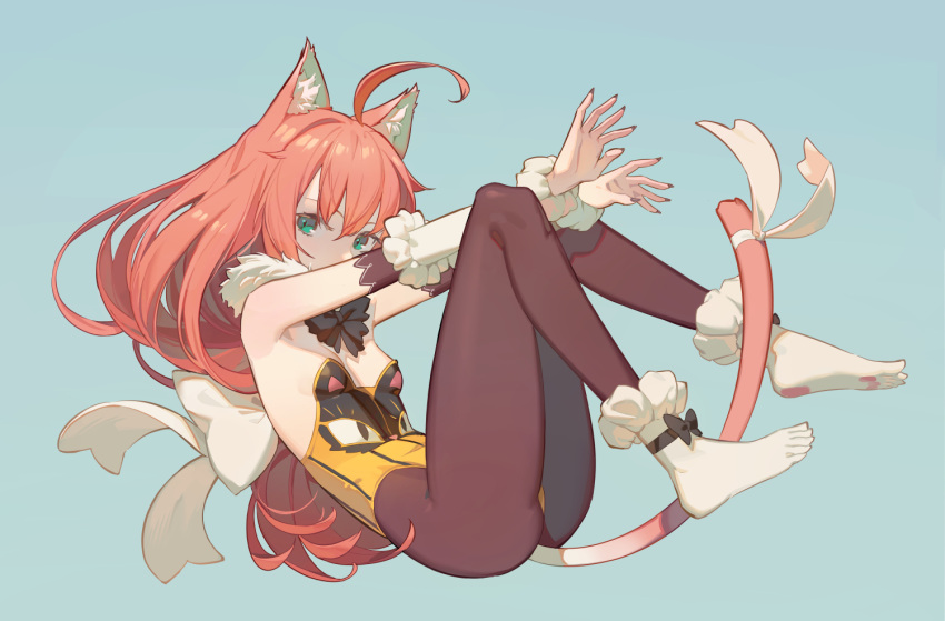 1girl ahoge animal_ears aqua_eyes armpits bare_shoulders bow bowtie breasts brown_legwear cat_ears cat_girl cat_tail check_copyright copyright_request covering_mouth detached_sleeves feet fur_collar highleg highleg_leotard hks_(timbougami) knees_up leotard long_hair long_sleeves looking_at_viewer no_bra orange_hair original outstretched_arms pantyhose ribbon small_breasts solo strapless strapless_leotard tail tail_ornament tail_ribbon yellow_leotard