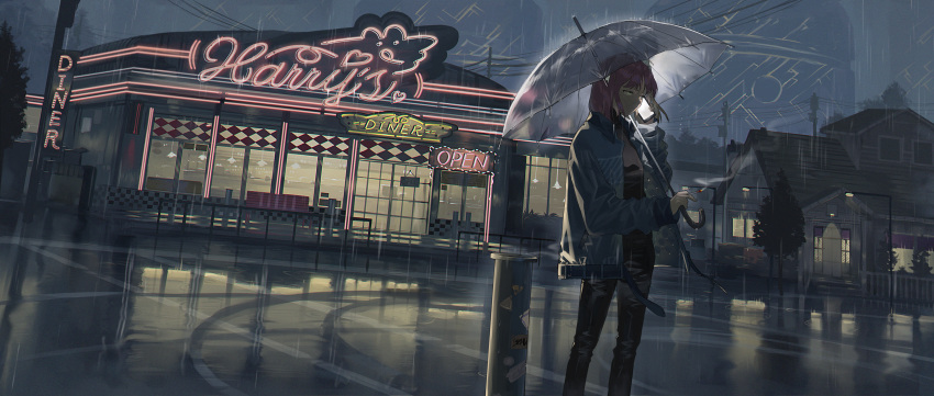 1girl absurdres bangs cellphone cigarette diner english_text feet_out_of_frame highres holding holding_cigarette holding_phone house jacket kurohal lamppost latin_commentary neon_lights open_clothes open_jacket original phone pink_hair power_lines rain scenery short_hair smartphone solo transparent transparent_umbrella tree umbrella