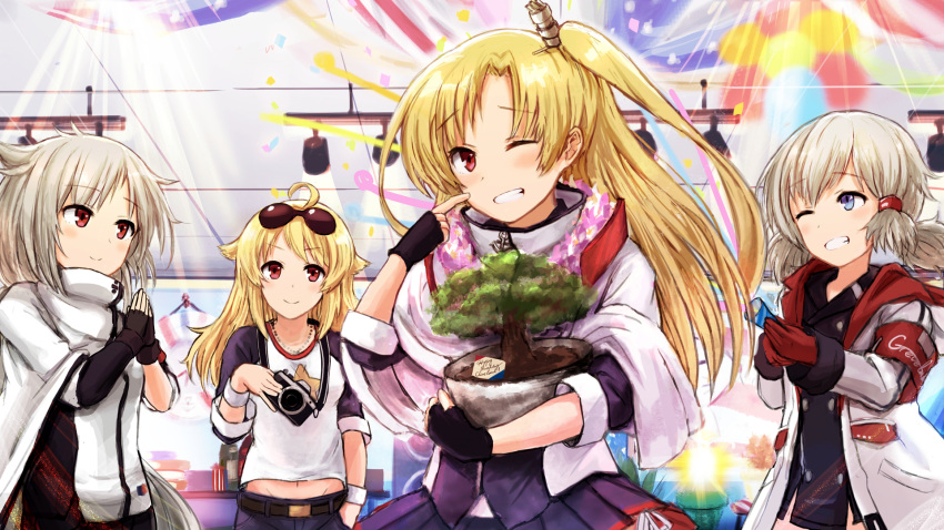 4girls ;d antenna_hair azur_lane balloon bangs belt black_gloves blonde_hair blue_eyes blurry bonsai brown_eyes camera capelet carrying clapping cleveland_(azur_lane) columbia_(azur_lane) commentary_request confetti denver_(azur_lane) depth_of_field eyebrows_visible_through_hair eyes_visible_through_hair eyewear_on_head finger_to_cheek finger_to_face fingerless_gloves flower_pot gloves grin groin hair_flaps hair_tubes highres holding holding_camera long_hair montpelier_(azur_lane) multiple_girls navel one_eye_closed one_side_up open_mouth red_eyes red_gloves short_hair sidelocks silver_hair smile sunglasses surprised takeyaman wristband