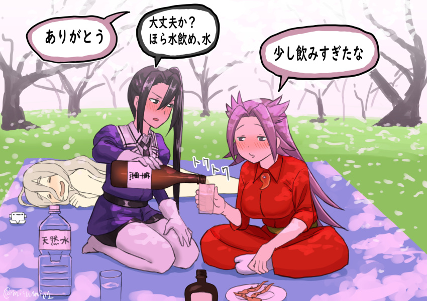 3girls absurdly_long_hair alcohol black_hair black_skirt blush bottle brown_eyes cherry_blossoms closed_eyes commentary_request cup drinking_glass drunk food gloves grey_hair hanami hat highres indian_style jacket jun'you_(kancolle) kantai_collection long_hair long_sleeves lying magatama mini_hat misumi_(niku-kyu) multiple_girls nachi_(kancolle) nude on_stomach open_mouth pantyhose picnic plate pola_(kancolle) purple_hair purple_jacket sake sake_bottle seiza side_ponytail sitting skirt spiky_hair translation_request tree very_long_hair violet_eyes wavy_hair white_gloves white_headwear white_legwear