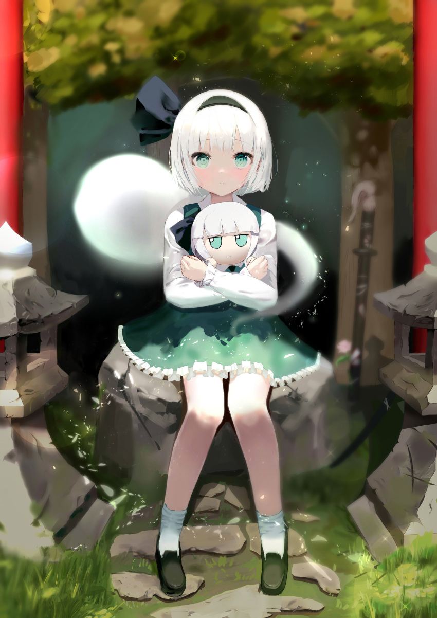 1girl absurdres bangs black_footwear black_hairband blurry blurry_background bob_cut closed_mouth eyebrows_visible_through_hair full_body fumo_(doll) grass green_eyes green_skirt green_vest hairband highres holding holding_stuffed_toy konpaku_youmu konpaku_youmu_(ghost) long_sleeves nerkia outdoors sheath sheathed shirt short_hair sitting skirt solo stone stone_lantern stuffed_toy sword torii touhou tree vest weapon white_hair white_legwear white_shirt