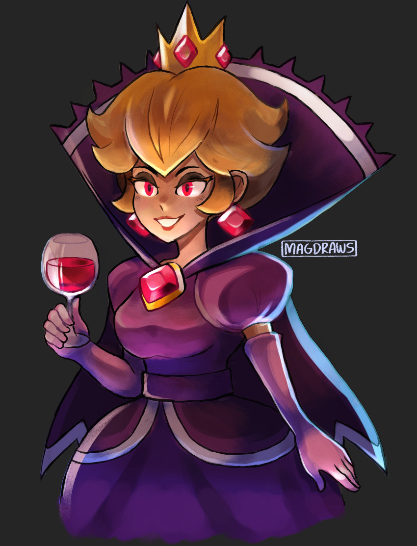 1girl absurdres alcohol blonde_hair crown cup dress drinking_glass earrings elbow_gloves gloves grin high_collar highres jewelry lipstick mag_(magdraws) makeup paper_mario:_the_thousand_year_door princess_peach purple_dress red_eyes shadow_queen sidelocks smile wine wine_glass