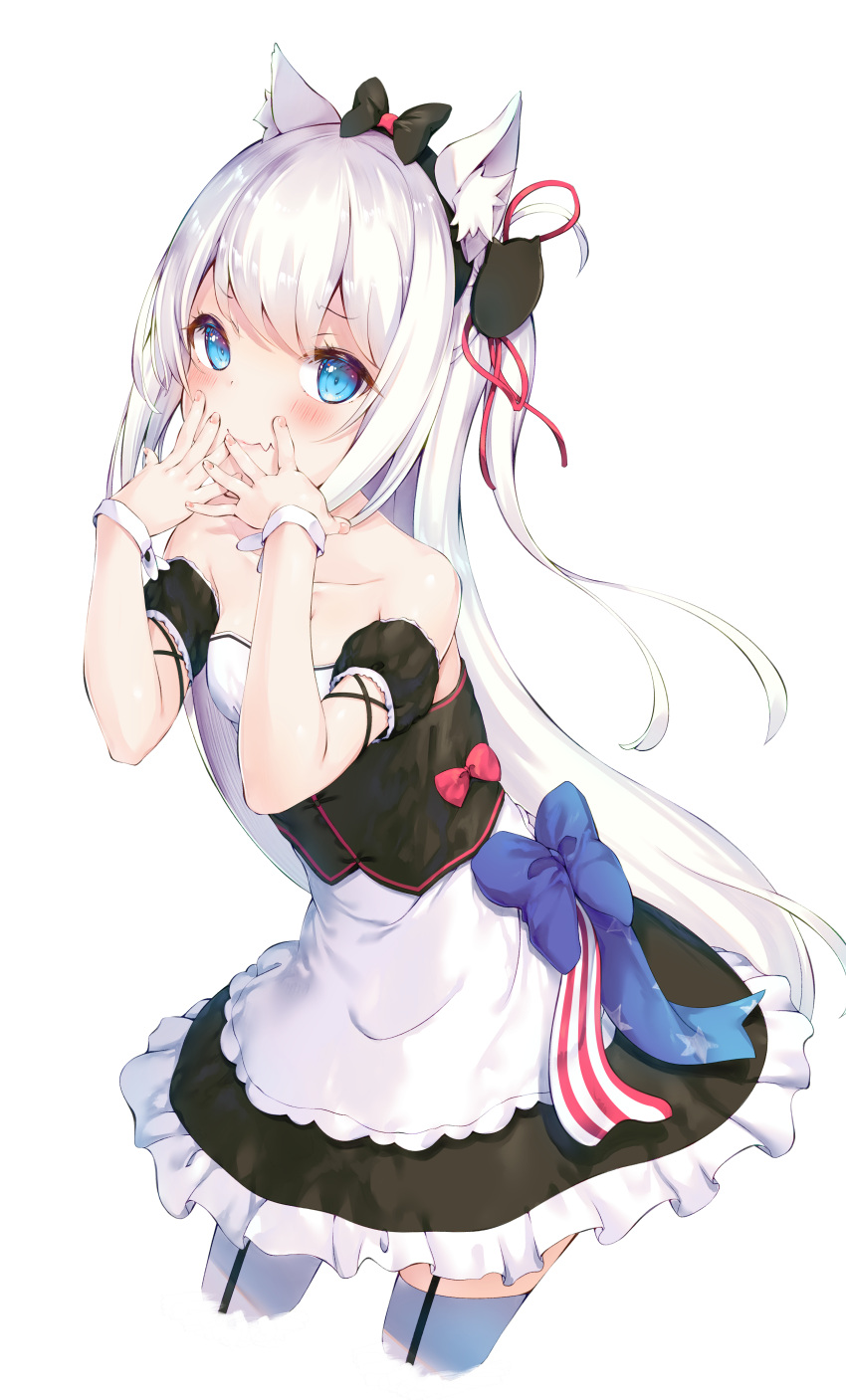 1girl absurdres animal_ear_fluff animal_ears azur_lane bangs bare_shoulders black_dress black_sleeves blue_eyes blush cat_ears cat_hair_ornament closed_mouth collarbone commentary_request cropped_legs detached_sleeves dress eyebrows_visible_through_hair fang fang_out frilled_dress frills hair_ornament hair_ribbon hammann_(azur_lane) hands_up highres long_hair looking_at_viewer nakazawa_aki one_side_up puffy_short_sleeves puffy_sleeves red_ribbon ribbon short_sleeves smile solo strapless strapless_dress thigh-highs very_long_hair white_hair white_legwear wrist_cuffs