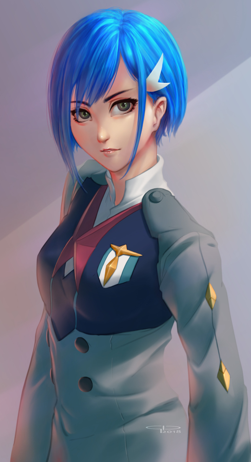 1girl absurdres bangs blue_hair breasts darling_in_the_franxx gio_tengco green_eyes grey_background grey_jacket hair_behind_ear hair_ornament hairclip highres ichigo_(darling_in_the_franxx) jacket looking_up parted_lips short_hair small_breasts solo uniform upper_body