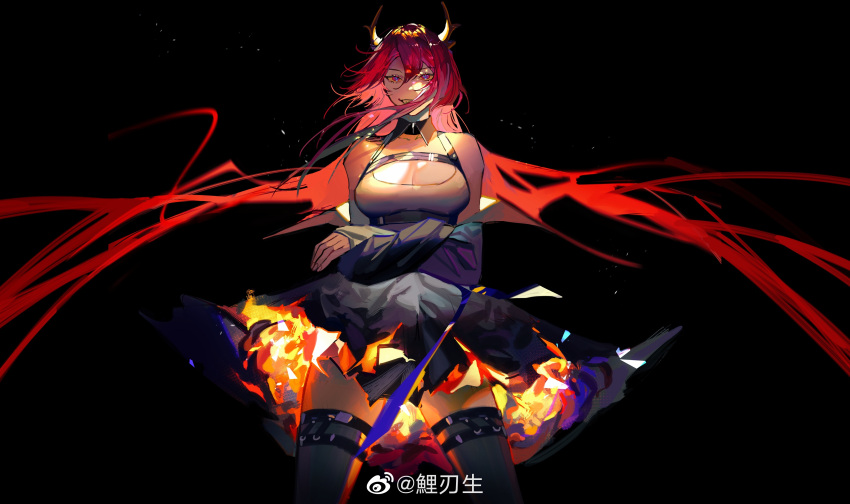 1girl absurdres arknights bare_shoulders demon demon_girl demon_horns dress fire highres horns kneehighs lirensheng long_hair looking_at_viewer redhead slit_pupils solo surtr_(arknights) violet_eyes