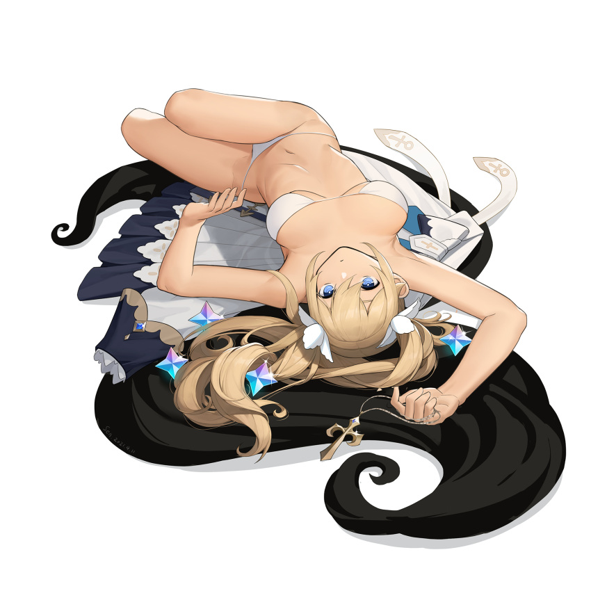 1girl arms_up artist_name barbara_(genshin_impact) bare_arms bare_shoulders bikini blonde_hair blue_eyes breasts breasts_apart bright_pupils closed_mouth coat coat_removed dated full_body genshin_impact glint highres knees_up long_hair looking_at_viewer medium_breasts navel primogem rosary solo stomach swimsuit twintails upside-down white_bikini wu_yue_[vulpes]