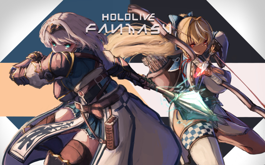2girls absurdres armor arrow_(projectile) battle bow_(weapon) breasts chest_guard copyright_name cowboy_shot drawing_bow fighting_stance gauntlets greaves highres holding holding_bow_(weapon) holding_weapon hololive hololive_fantasy inre_kemomimi knee_up large_breasts leg_up looking_at_viewer mace miniskirt multiple_girls quiver shiranui_flare shirogane_noel shoulder_armor skindentation skirt spaulders thick_thighs thigh-highs thighs virtual_youtuber waist_cape weapon