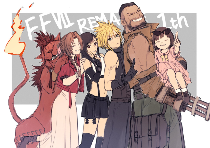 3boys 3girls aerith_gainsborough ah_yoshimizu anniversary arm_cannon barret_wallace beard black_gloves black_hair blonde_hair brown_hair cloud_strife cropped_jacket dark_skin dark_skinned_male dress eyewear_on_head facial_hair final_fantasy final_fantasy_vii final_fantasy_vii_remake gloves hands_on_another's_shoulders highres index_finger_raised looking_at_viewer marlene_wallace midriff multiple_boys multiple_girls navel pink_dress red_xiii redhead skirt sleeveless smile spiky_hair stomach sunglasses thigh-highs tifa_lockhart weapon