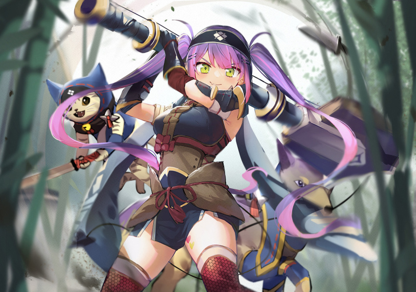 1girl alternate_costume arm_guards armor arms_up bangs blush breasts cat character_request commentary cowboy_shot eyebrows_visible_through_hair felyne from_below green_eyes headband highres holding holding_weapon hololive japanese_armor kamura_(armor) katana long_hair looking_at_viewer medium_breasts monster_hunter_(series) mr.lime multicolored_hair pink_hair purple_hair red_legwear sword thigh-highs tokoyami_towa twintails two-tone_hair very_long_hair virtual_youtuber weapon
