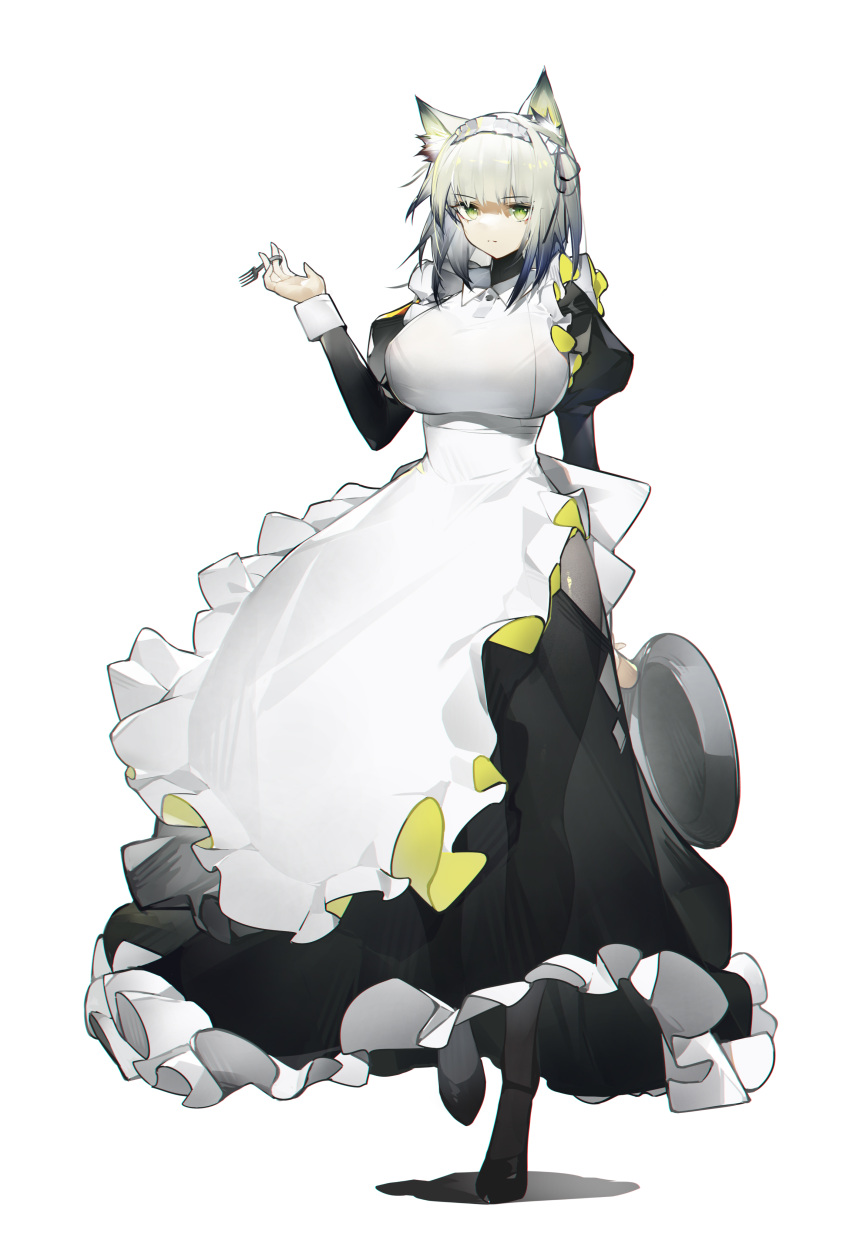 1girl absurdres animal_ear_fluff apron arknights breasts dress fork frilled_apron frills green_eyes highres holding holding_fork kal'tsit_(arknights) large_breasts looking_at_viewer lynx_ears lynx_girl maid maid_apron maid_headdress plate puffy_sleeves short_hair silver_hair white_apron yushi_quetzalli