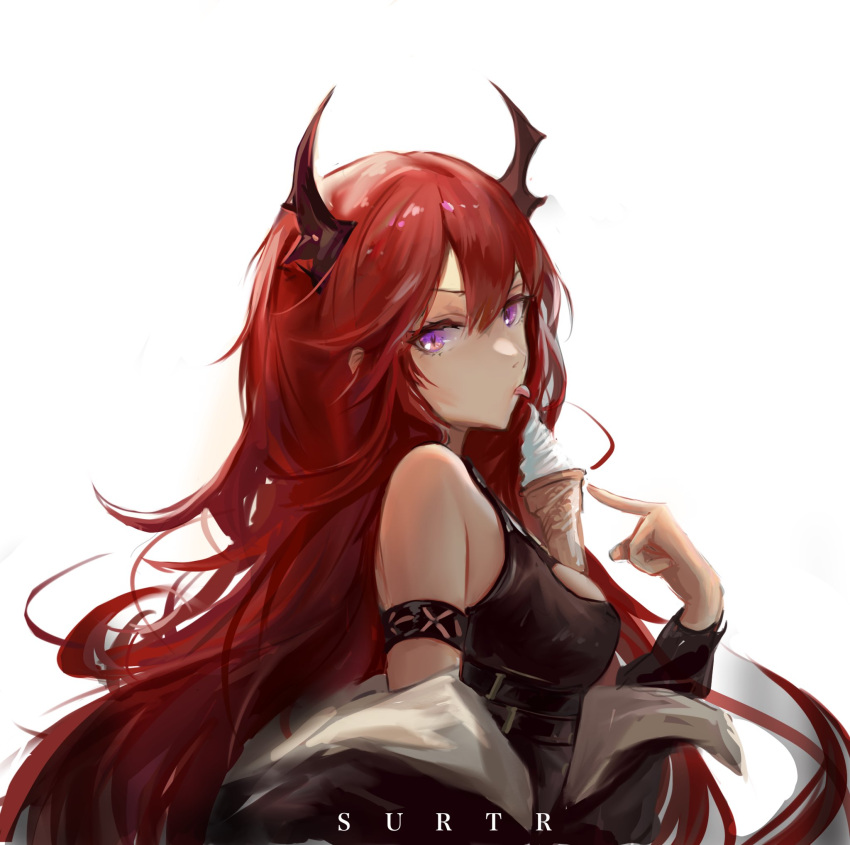 1girl arknights bare_shoulders demon_girl demon_horns dress food highres horns ice_cream jacket long_hair looking_at_viewer redhead sawkm solo surtr_(arknights) tongue tongue_out violet_eyes
