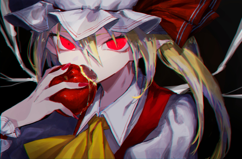 1girl apple blonde_hair commentary_request eating fang fingernails flandre_scarlet food fruit fuuga_(perv_rsity) glowing glowing_eyes hair_between_eyes holding holding_food holding_fruit long_fingernails long_hair open_mouth pointy_ears red_eyes red_nails red_ribbon red_vest ribbon shirt side_ponytail solo touhou vest white_headwear white_shirt wings wrist_cuffs yellow_neckwear
