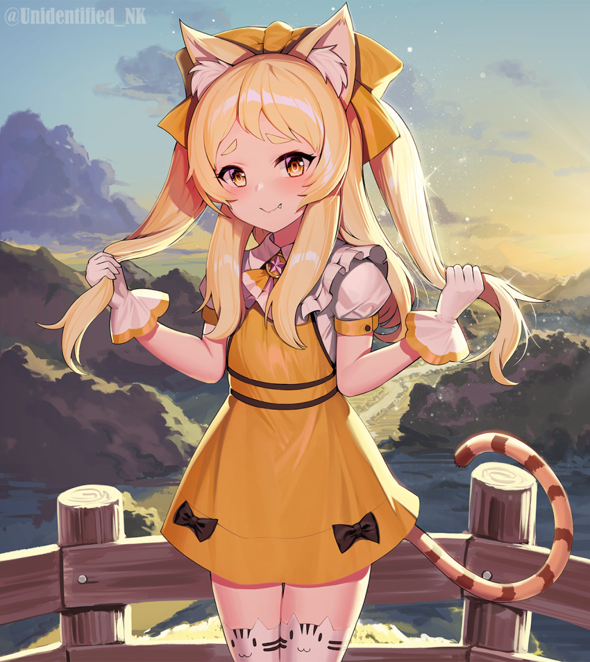1girl alternate_hairstyle animal_ear_fluff animal_ear_legwear animal_ears bangs black_bow blonde_hair blush bow brown_bow brown_dress cat_ear_legwear cat_ears cat_girl cat_tail closed_mouth clouds commentary_request dress fang fang_out gloves hair_bow highres holding holding_hair long_hair looking_at_viewer matsuri_(princess_connect!) outdoors princess_connect! princess_connect!_re:dive puffy_short_sleeves puffy_sleeves railing shirt short_sleeves sky sleeveless sleeveless_dress smile solo standing striped_tail sunset tail thick_eyebrows thigh-highs twitter_username two_side_up unidentified_nk white_gloves white_legwear white_shirt yellow_eyes