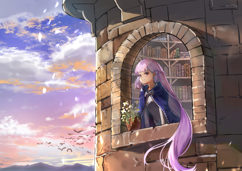 1girl absurdly_long_hair absurdres bird blue_cape blue_dress blue_sky book bookshelf braid cape commission commissioner_upload dress eyebrows_visible_through_hair fire_emblem fire_emblem:_the_binding_blade flower french_braid highres huge_filesize long_hair purple_hair shiny sky smile solo sophia_(fire_emblem) tower trapiorra very_long_hair violet_eyes