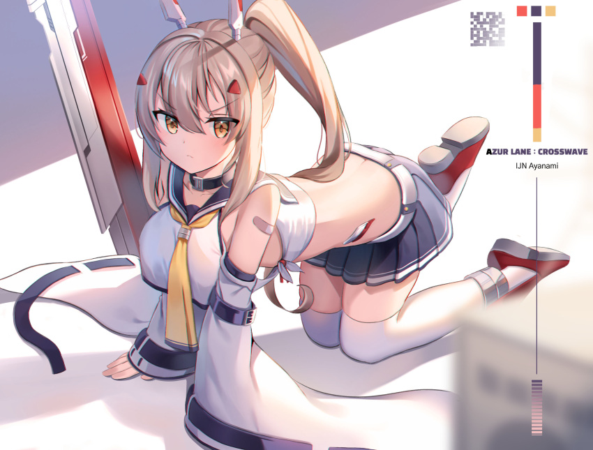 &gt;:( 1girl all_fours ayanami_(azur_lane) azur_lane bangs belt choker commentary_request detached_sleeves eyebrows_visible_through_hair from_above greenapple hair_ornament hairclip headgear highres knee_up long_hair looking_at_viewer looking_up midriff pleated_skirt ponytail retrofit_(azur_lane) school_uniform serafuku sidelocks silver_hair skirt solo sword thigh-highs weapon white_legwear wide_sleeves yellow_eyes zettai_ryouiki