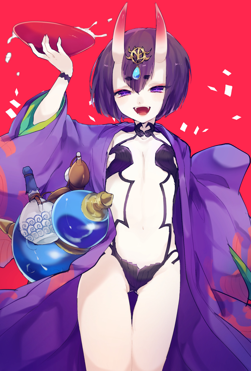 1girl arm_up ass_visible_through_thighs bangs blush bob_cut bottle bowl collarbone commentary_request confetti cowboy_shot cup eyebrows_visible_through_hair eyeshadow fangs fate/grand_order fate_(series) flat_chest gem gourd groin hair_ornament half-closed_eyes happy highres holding holding_bowl horns japanese_clothes kimono light_blush long_sleeves looking_at_viewer makeup makoto_(konbumi) navel oni_horns open_clothes open_kimono open_mouth pale_skin purple_hair purple_kimono red_background red_eyeshadow revealing_clothes sakazuki sapphire_(gemstone) shiny shiny_hair short_hair shuten_douji_(fate) sidelocks simple_background smile solo standing stomach thigh_gap tongue violet_eyes wide_sleeves
