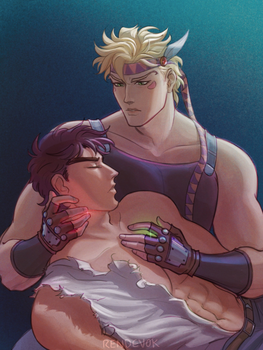 2boys abs artist_name battle_tendency belt blonde_hair brown_belt brown_gloves brown_hair caesar_anthonio_zeppeli closed_eyes collarbone commentary cradling_head english_commentary facial_mark feathers fingerless_gloves fingernails gloves glowing green_eyes hair_feathers hand_on_another's_chest headband highres injury jojo_no_kimyou_na_bouken joseph_joestar_(young) looking_at_another male_focus multiple_boys navel rendevok scratches shirt short_hair sleeveless sparkle torn_clothes torn_shirt triangle_print unconscious white_shirt