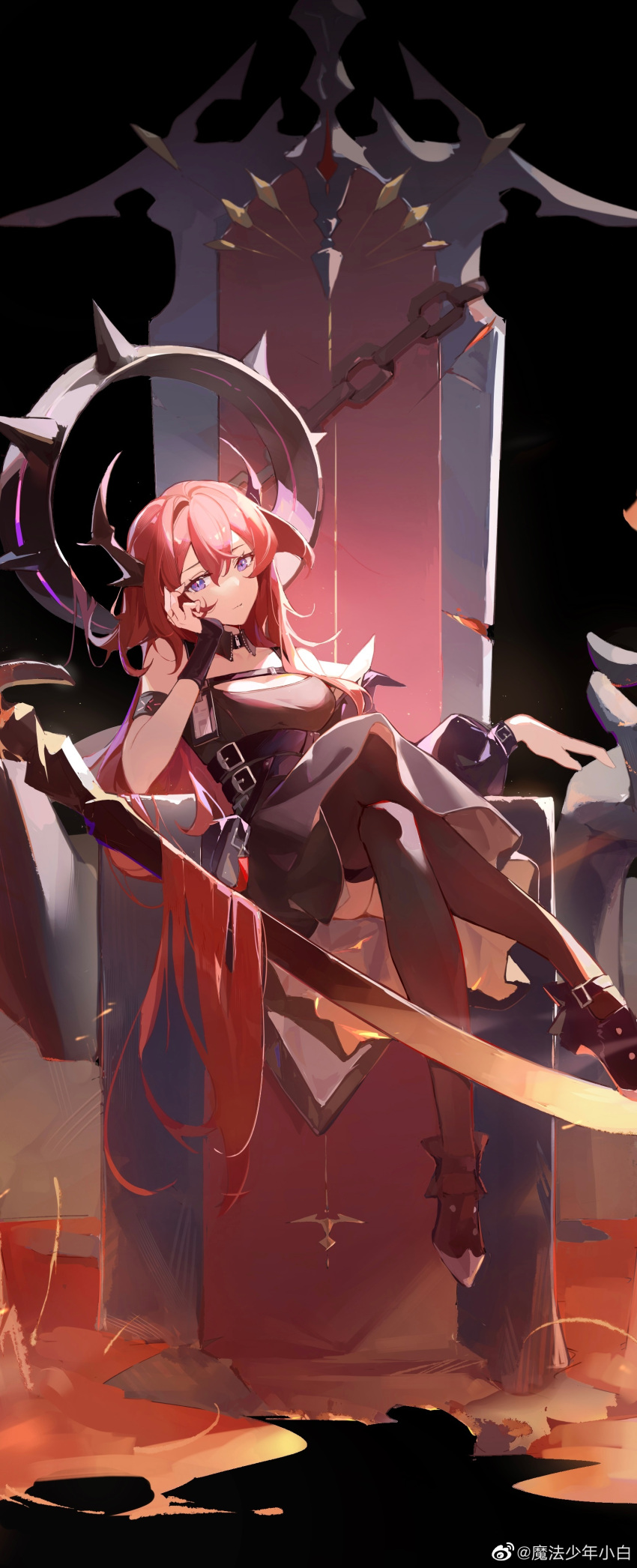 1girl absurdres arknights bare_shoulders demon demon_girl demon_horns dress highres horns kneehighs long_hair looking_at_viewer magic_boy_xiaobai redhead solo surtr_(arknights) sword weapon