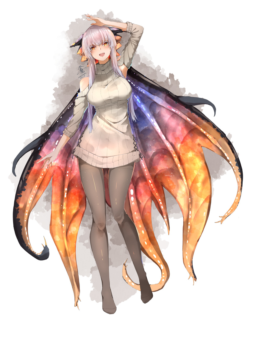 1girl absurdres clothing_cutout full_body highres horns monster_hunter:_world monster_hunter_(series) namielle no_pants orange_eyes pantyhose personification pointy_ears shading_eyes shoulder_cutout silver_hair solo suiiryu sweater turtleneck turtleneck_sweater wings