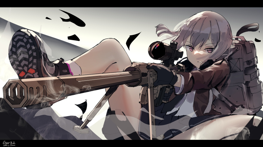 1girl absurdres backpack bag bolt_action cheytac_m200 gar32 girls_frontline gun highres m200_(girls_frontline) necktie rifle shoes signature silver_hair sneakers sniper_rifle solo tagme violet_eyes weapon
