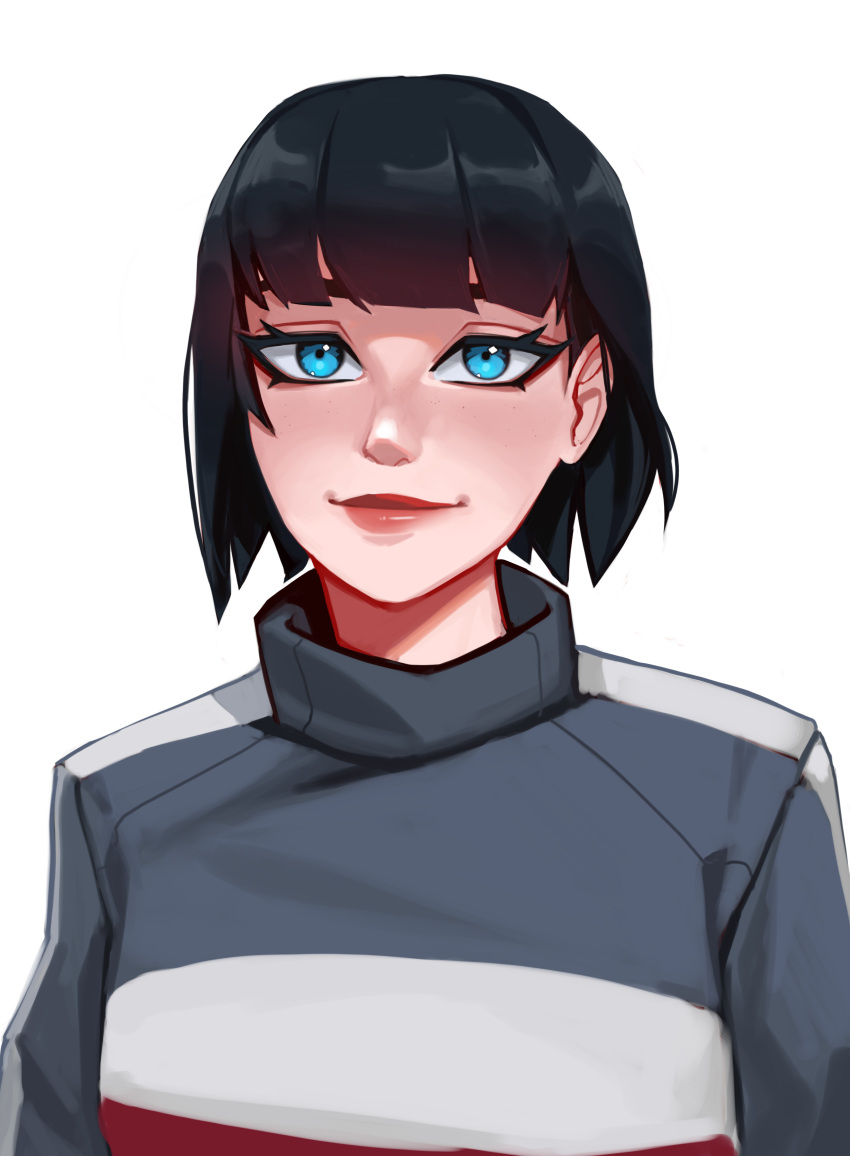 1girl absurdres bangs black_hair blue_eyes blunt_bangs commission highres lips looking_at_viewer qt0ri real_life short_hair smile solo suzi_hunter upper_body