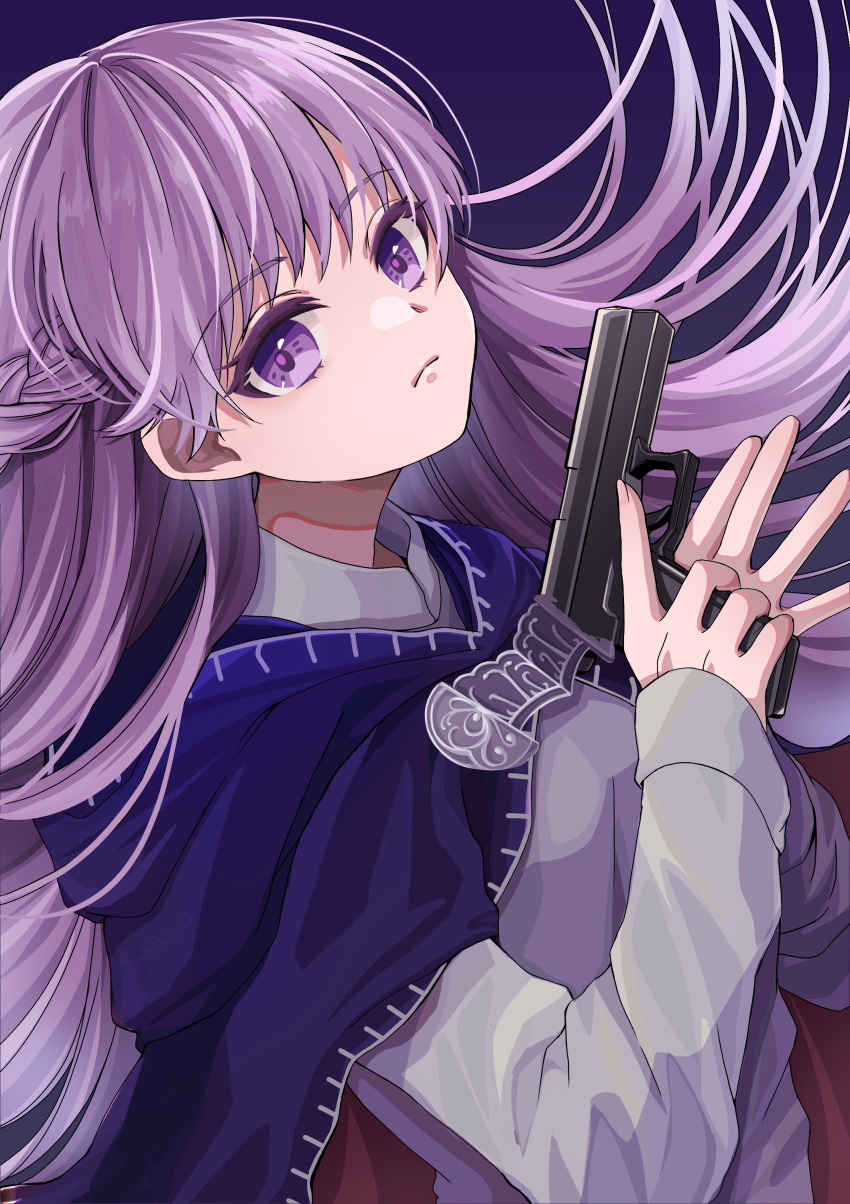 1girl absurdres baggy_clothes blue_cape blue_dress braid cape commission commissioner_upload dress expressionless eyebrows_visible_through_hair fire_emblem fire_emblem:_the_binding_blade french_braid gun highres holding holding_gun holding_weapon long_hair looking_at_viewer purple_hair solo sophia_(fire_emblem) standing violet_eyes weapon yoshiki1020