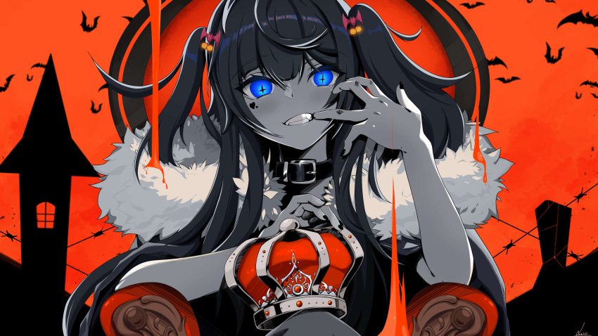 +_+ .live 1girl absurdres bangs barbed_wire bat_background black_collar black_nails blue_eyes chair coat collar crown crown_removed eyebrows_visible_through_hair finger_to_mouth fur-trimmed_coat fur_trim grin halloween highres holding holding_crown kakyouin_chieri king_(vocaloid) long_hair looking_at_viewer nail_polish orange_background orange_theme smile solo song_name teeth throne two_side_up user_jhhp7477 virtual_youtuber