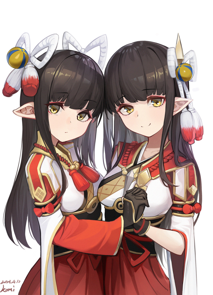 2girls bangs black_gloves black_hair brown_eyes closed_mouth commentary_request dated eyebrows_visible_through_hair gloves hakama highres hinoa holding_hands interlocked_fingers japanese_clothes kimono komi_(komiking) long_hair long_sleeves looking_at_viewer minoto monster_hunter_(series) monster_hunter_rise multiple_girls obi pointy_ears red_hakama sash short_sleeves signature simple_background smile very_long_hair white_background white_kimono wide_sleeves