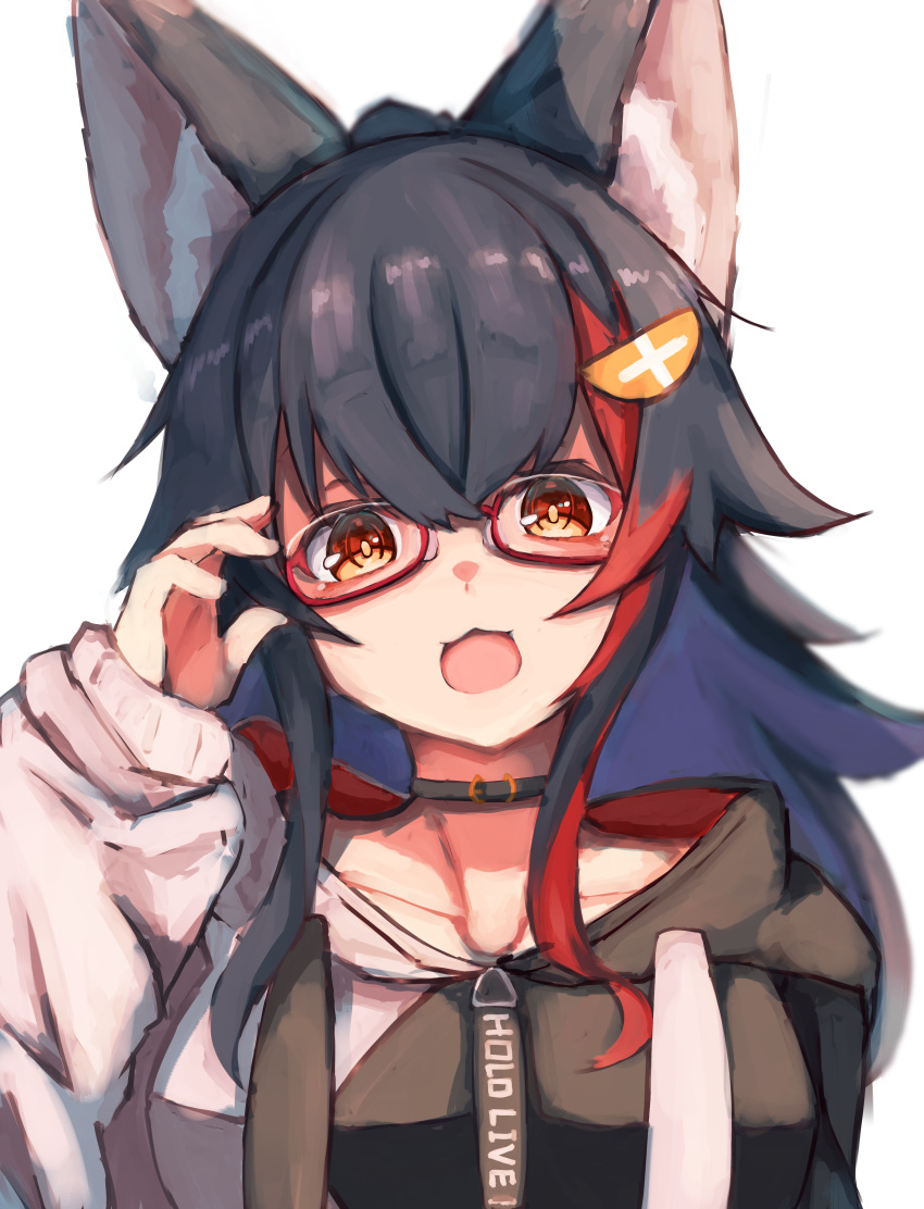 1girl :3 :d absurdres adjusting_eyewear animal_ear_fluff animal_ears bangs black_choker black_hair black_hoodie breasts choker flipped_hair glasses hair_between_eyes highlights highres hololive hood hood_down hoodie inre_kemomimi large_breasts long_hair looking_at_viewer multicolored_hair ookami_mio open_mouth red-framed_eyewear redhead semi-rimless_eyewear sleeves_past_wrists smile solo two-tone_hoodie very_long_hair virtual_youtuber white_hoodie wolf_ears yellow_eyes