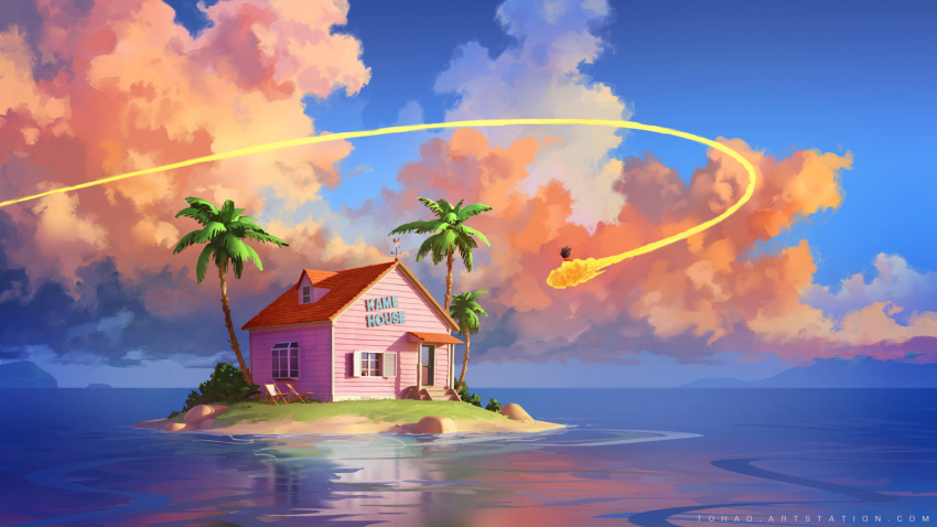 1boy black_hair blue_eyes blue_sky chair clouds cloudy_sky commentary dragon_ball facing_away flying folding_chair from_behind grass house island key_visual looking_away ocean official_art palm_tree reflection rock sitting sky son_goku stairs sylvain_sarrailh tagme tree water watermark web_address window