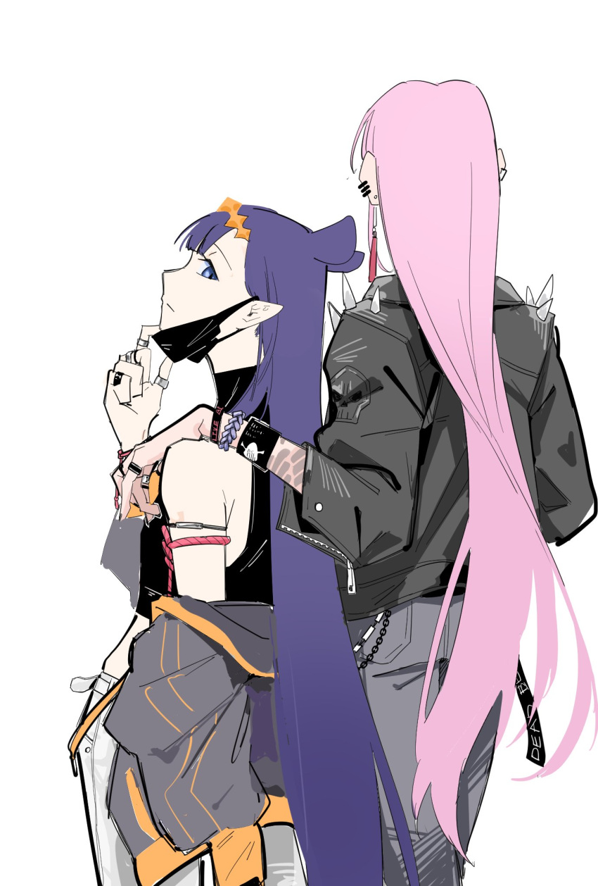 2girls arm_around_shoulder arm_strap bangs black_jacket blue_eyes crop_top from_behind grey_jacket grey_pants guiyu_(nocaudal) hair_behind_ear highres hololive hololive_english jacket jewelry leaning_back leather leather_jacket long_hair mask mask_pull mori_calliope mouth_mask multiple_girls ninomae_ina'nis off_shoulder pants pink_hair pointy_ears purple_hair ring skull spikes very_long_hair virtual_youtuber yuri