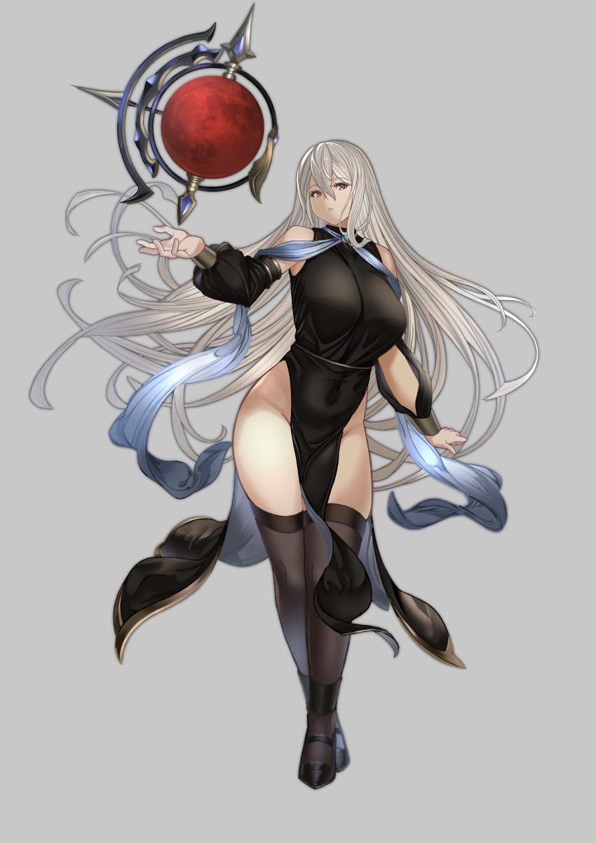 1girl absurdres bare_shoulders black_dress black_footwear black_legwear blue_scarf breasts detached_sleeves dress full_body globe hair_between_eyes highres large_breasts long_hair looking_at_viewer original pelvic_curtain platinum_blonde_hair red_eyes scarf shoes side_slit solo thigh-highs tnr_(horiko1525) very_long_hair