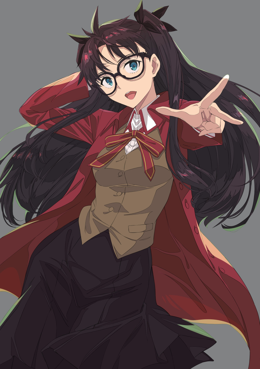 1girl absurdres arm_behind_head bangs black_hair black_ribbon black_skirt blue_eyes brown_vest coat collared_shirt fate/stay_night fate_(series) glasses grey_background hair_ribbon highres homurahara_academy_uniform long_hair looking_at_viewer neck_ribbon open_clothes open_coat open_mouth outstretched_arm parted_bangs pleated_skirt red_coat red_neckwear ribbon school_uniform shirt simple_background skirt solo tohsaka_rin twintails vest w white_shirt xtango