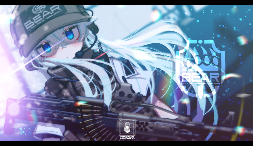 1girl abstract_background absurdres ammunition_belt bangs blue_eyes brown_gloves brown_headwear brown_vest bullet closed_mouth commentary_request eotech escape_from_tarkov field_radio floating_hair freckles gloves gun hair_between_eyes hat headphones headset highres holding holding_gun holding_weapon iwasawayuki light light_machine_gun long_hair looking_at_viewer machine_gun military original pale_skin pkp_pecheneg plate_carrier scope shaded_face short_sleeves sidelocks silver_hair solo tactical_clothes trigger_discipline vest visor_cap weapon