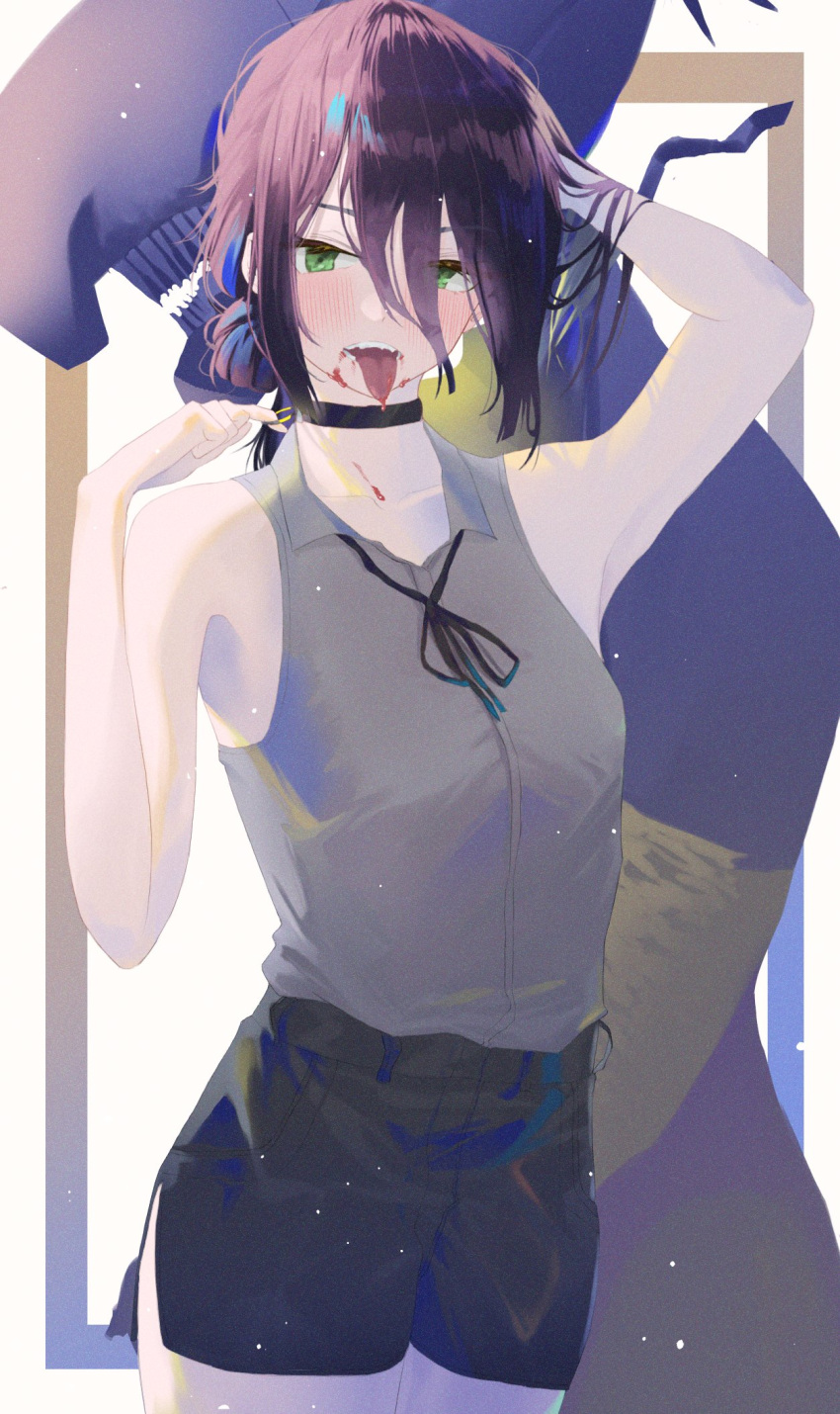 1girl black_choker black_hair black_skirt blood blood_on_face blush breasts butsubutsu_koshi_anko chainsaw_man choker dual_persona fangs green_eyes highres medium_breasts medium_hair monster_girl open_mouth reze_(chainsaw_man) skirt tongue tongue_out