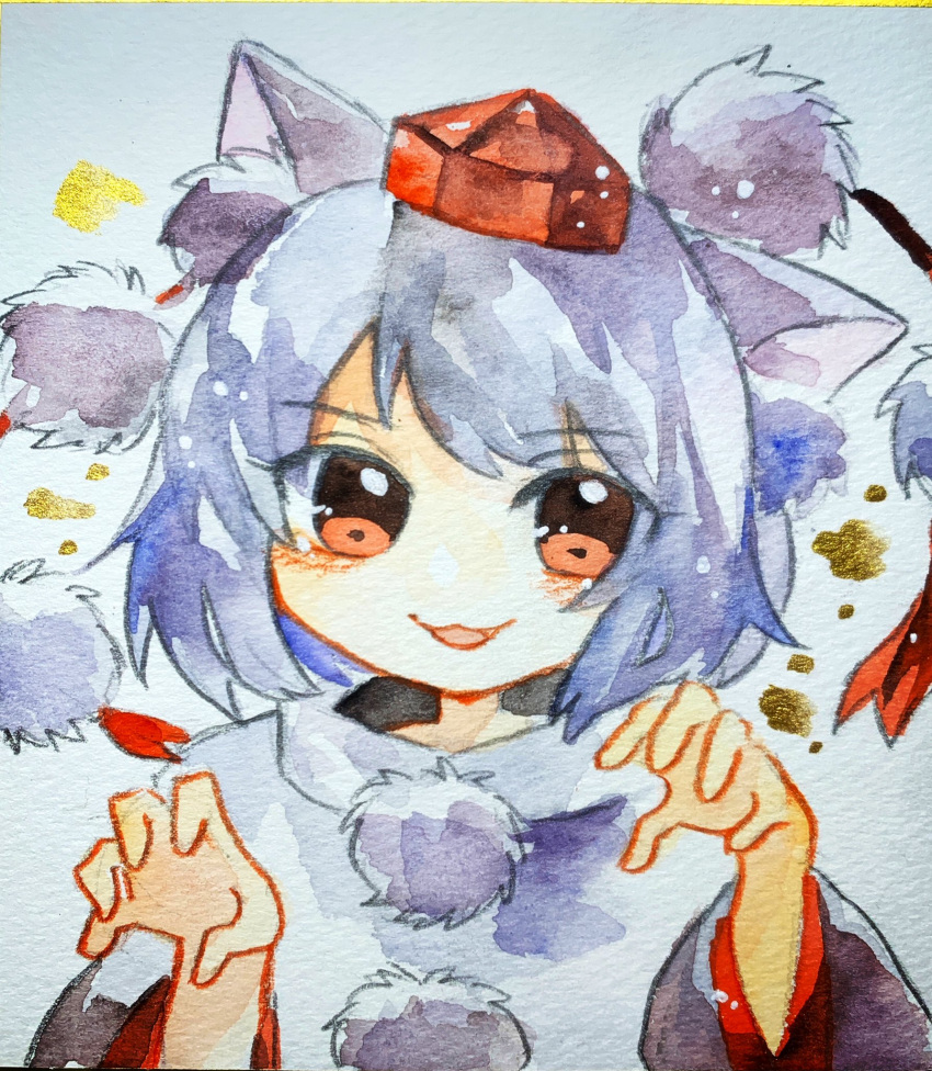 1girl animal_ears grey_hair hat highres inubashiri_momiji key747h looking_at_viewer open_mouth painting_(medium) paw_pose photo_(medium) pom_pom_(clothes) red_eyes red_headwear red_tassel short_hair smile solo tokin_hat touhou traditional_media upper_body watercolor_(medium) wide_sleeves wolf_ears