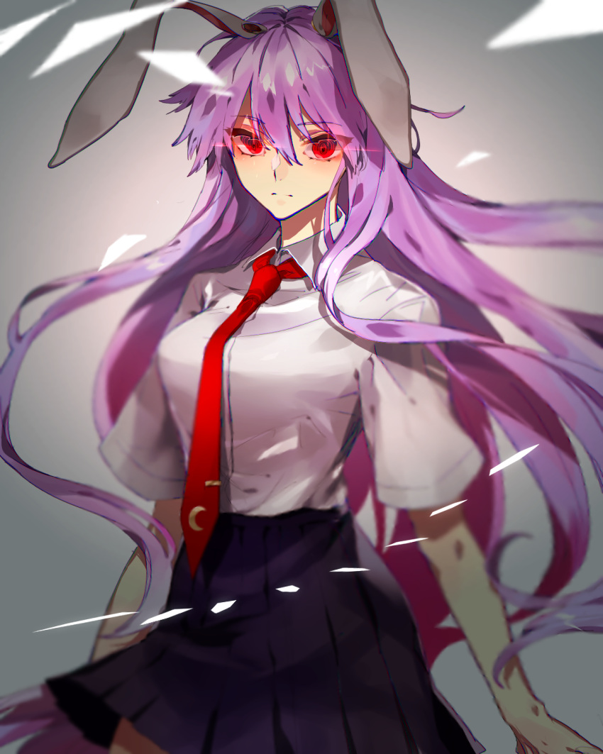 1girl animal_ears black_skirt breasts commentary_request cowboy_shot crescent fuuga_(perv_rsity) glowing glowing_eyes grey_background highres long_hair medium_breasts necktie purple_hair rabbit_ears rabbit_girl red_eyes red_neckwear reisen_udongein_inaba ringed_eyes shirt short_sleeves skirt solo tie_clip touhou white_shirt